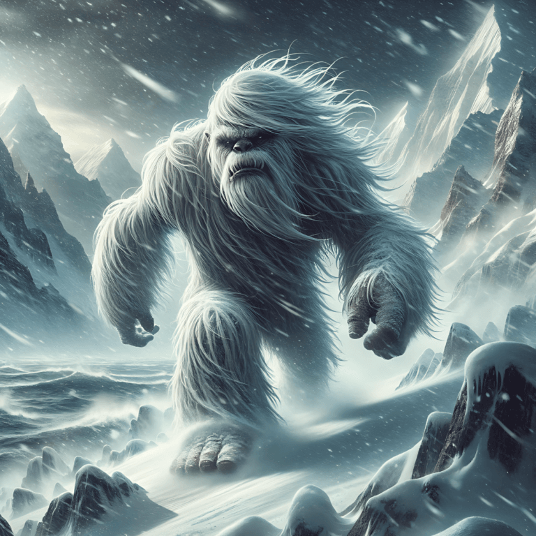 A colossal Yeti with shaggy white fur walking through a blizzard in the Himalayan mountains